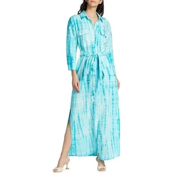 L'Agence Cameron in Aqua Bamboo Tie Dye Linen Belted Maxi Shirt Dress M